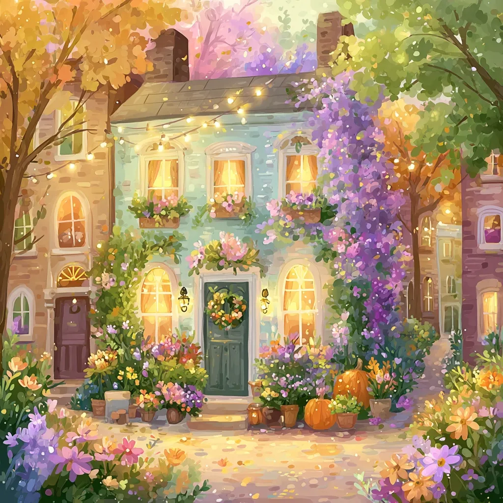 A charming, light teal house is adorned with vibrant flowers and string lights.  Autumn leaves fall gently around the building, which sits on a quaint street lined with other buildings.  Pumpkins and flower pots decorate the entrance, creating a warm, inviting atmosphere.  The scene is painted in a soft, whimsical style, evoking a feeling of cozy autumn charm.