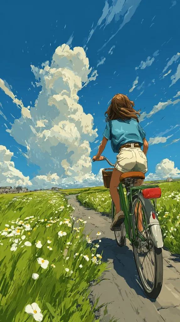 A young woman with brown hair cycles down a country lane, bathed in bright sunlight.  A large cumulus cloud dominates the vivid blue sky above.  Wildflowers line the path, their white blossoms contrasting against the green foliage. The scene evokes a feeling of freedom and summer joy, captured in a painterly style.