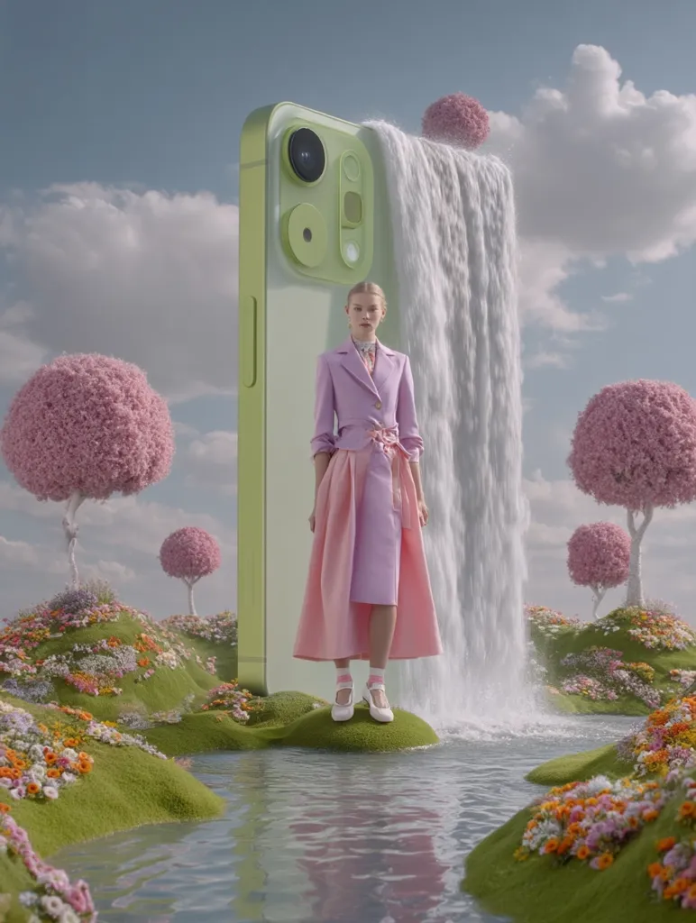A woman in a pastel pink dress stands on a small island in a whimsical, idyllic landscape.  A giant, light green iPhone, from which a waterfall flows, forms the backdrop.  Surrounding the island are vibrant flower-covered hills and whimsical, fluffy pink trees, creating a surreal and dreamy scene. The overall aesthetic is soft, delicate, and fantastical.