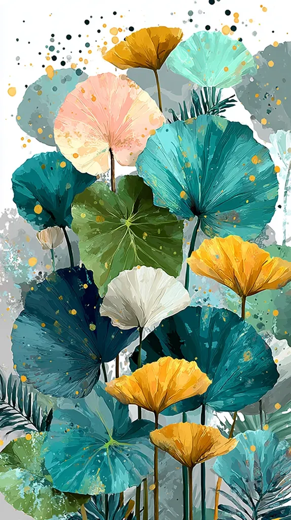 A vibrant painting showcases a profusion of large, stylized leaves in teal, green, peach, and gold.  The leaves, reminiscent of lotus or water lilies, overlap and layer, creating a sense of depth.  Gold speckles add a touch of sparkle, and the background is a muted grey-white with subtle watercolor washes. The overall style is modern and painterly, with a focus on color and texture.