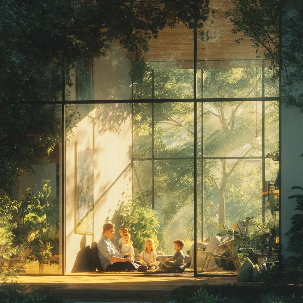 A family sits on a sunlit floor, surrounded by lush indoor plants and a large window showcasing a verdant forest.  The father interacts with three children, bathed in warm, natural light streaming through the glass walls.  The scene depicts a tranquil, eco-conscious home seamlessly blending indoor and outdoor spaces.  The artwork evokes a sense of peace and family connection within a nature-filled environment.