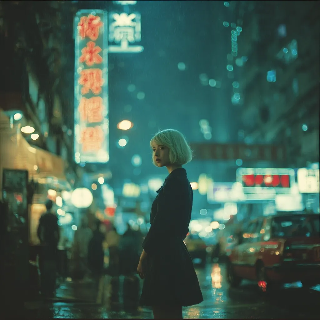A young woman with short blonde hair stands on a rain-slicked city street at night.  She's wearing a dark coat and skirt, her gaze directed away from the camera.  The background is a blur of neon lights, bustling shops, and traffic, creating a vibrant, atmospheric scene reminiscent of a film noir setting. The overall mood is melancholic yet captivating.