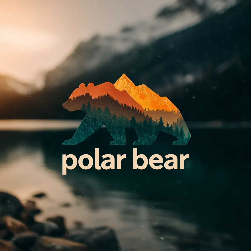 A logo featuring a silhouette of a polar bear overlaid with a vibrant landscape image of mountains and a forest at sunset.  The words "polar bear" are displayed beneath the graphic. The background is a blurred image of a tranquil lake and rocky shoreline, enhancing the overall serene and nature-inspired aesthetic.