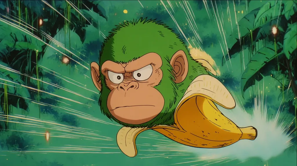 A green monkey with a stern expression is depicted riding a large banana, propelled forward by a burst of speed.  The background is a lush, green jungle setting with motion lines suggesting rapid movement. The style is reminiscent of classic anime, with bold outlines and vibrant colors. The monkey appears determined, its gaze fixed ahead.
