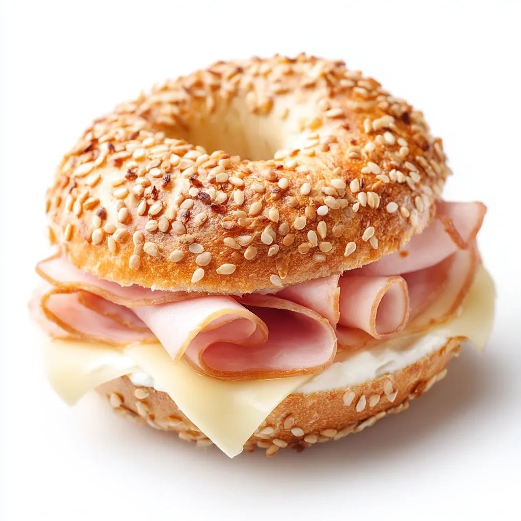 A sesame seed bagel is shown, sliced in half and filled with thinly sliced ham and cheese. A layer of cream cheese is visible beneath the ham.  The bagel is golden brown and the filling is neatly arranged. The entire sandwich is presented on a white background.