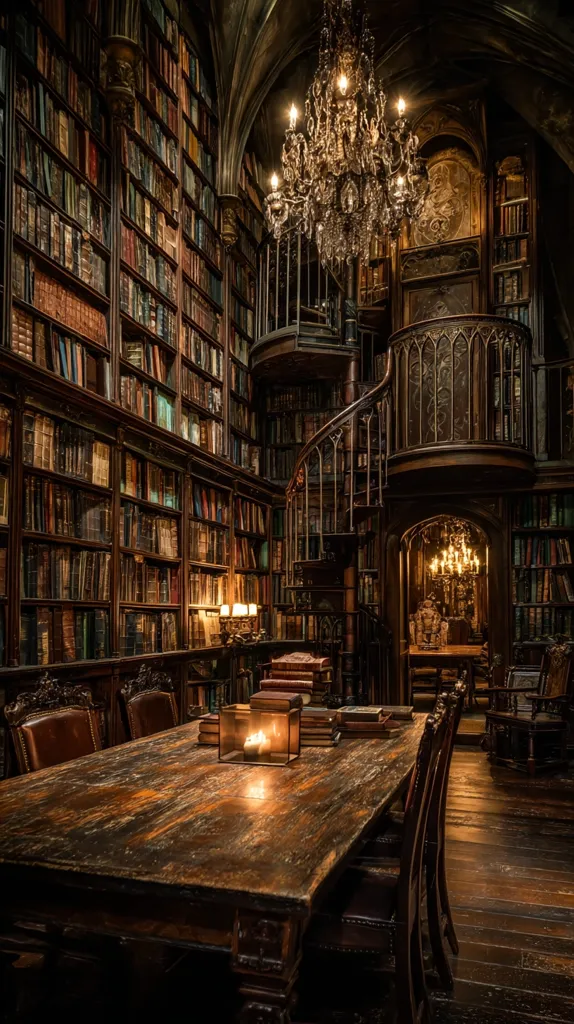 A grand, dimly lit library boasts towering bookshelves filled with leather-bound volumes. A magnificent crystal chandelier hangs above a spiral staircase that winds through the room. A long, antique wooden table sits in the center, surrounded by ornate chairs, illuminated by candlelight. The atmosphere is rich with history and the comforting scent of aged paper and leather.  The room exudes a sense of quiet scholarship and timeless elegance.