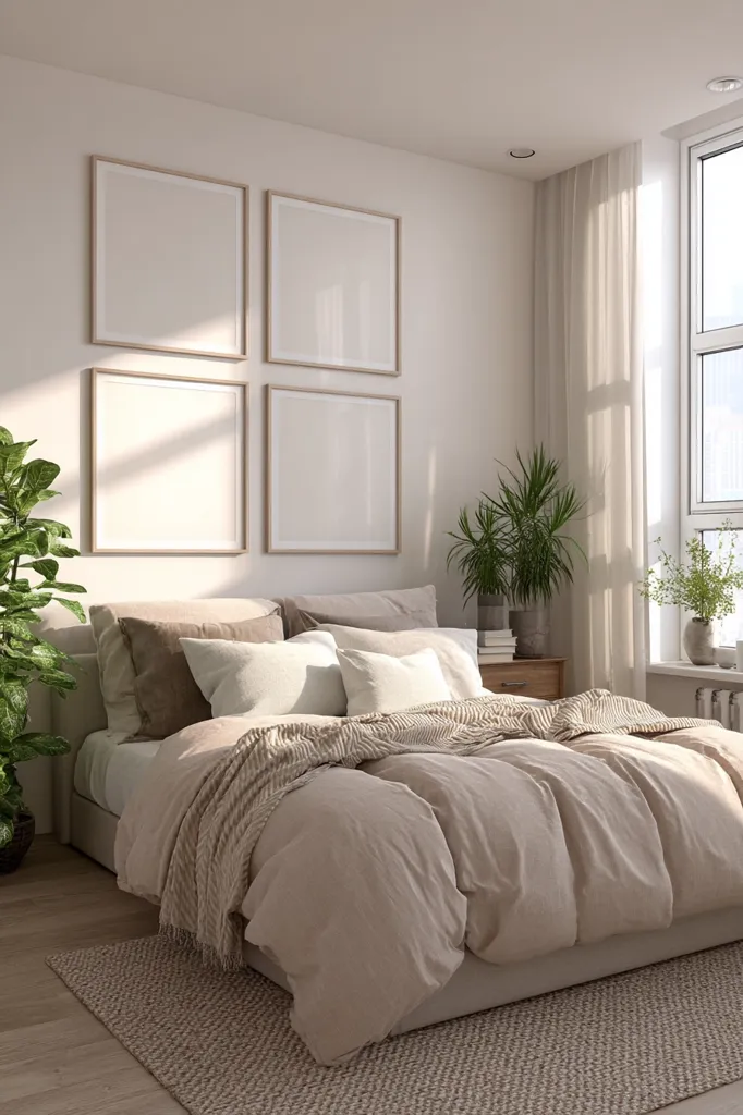 A minimalist bedroom features a beige duvet-covered bed with neutral pillows and a textured throw. Four large, square, unadorned frames hang above the bed, adding to the calm aesthetic.  Natural light streams in from a large window, illuminating the room, which includes potted plants and a small side table.  A light beige rug anchors the bed. The overall mood is serene and peaceful.