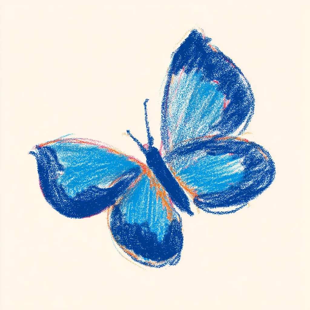A vibrant blue butterfly is depicted in a crayon-like style.  Its wings are detailed with textured strokes, showcasing a gradient of blues and hints of orange near the body. The butterfly is presented in profile, wings spread, against a simple off-white background, creating a clean and visually appealing image.  The style suggests a childlike charm or whimsical artistic expression.