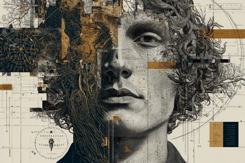A striking monochromatic portrait, possibly album art, features a person with curly hair.  The face is rendered in a detailed, almost engraved style, contrasted by a collage of technical drawings, diagrams, and organic, root-like forms.  Gold accents highlight specific sections, creating a layered and complex visual narrative. The overall aesthetic blends classical portraiture with elements of steampunk and surrealism.  Text is subtly incorporated, adding to the mysterious and intricate design.