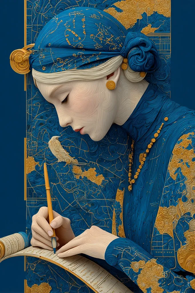 A young woman, adorned in a blue head wrap and dress patterned with celestial charts and golden accents, sits attentively.  She holds a quill pen, meticulously writing on an unfurled scroll.  A small bird rests nearby, adding to the serene and scholarly atmosphere. The artistic style employs a textured, almost sculpted, rendering, enhancing the image's rich detail and depth.