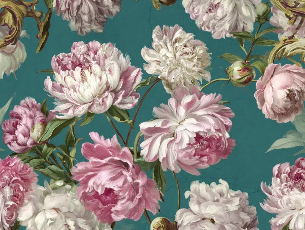 A vibrant teal background showcases a profusion of pink and white peonies in full bloom.  The peonies are rendered in a painterly style, with visible brushstrokes adding texture and depth to the petals.  Gold accents subtly peek from the corners, hinting at an ornate frame or setting. The overall impression is one of opulent, romantic floral beauty.