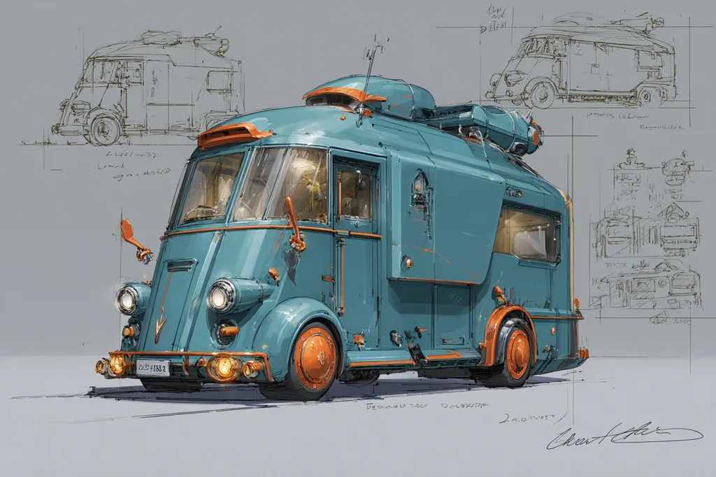 A concept art illustration depicts a teal-colored vintage camper van with orange accents.  The design is stylized, appearing slightly futuristic yet retro.  Accompanying sketches show various angles and interior layouts, suggesting a detailed design process. The van features rounded edges, large windows, and distinctive headlights.  The overall style blends classic van aesthetics with futuristic elements.