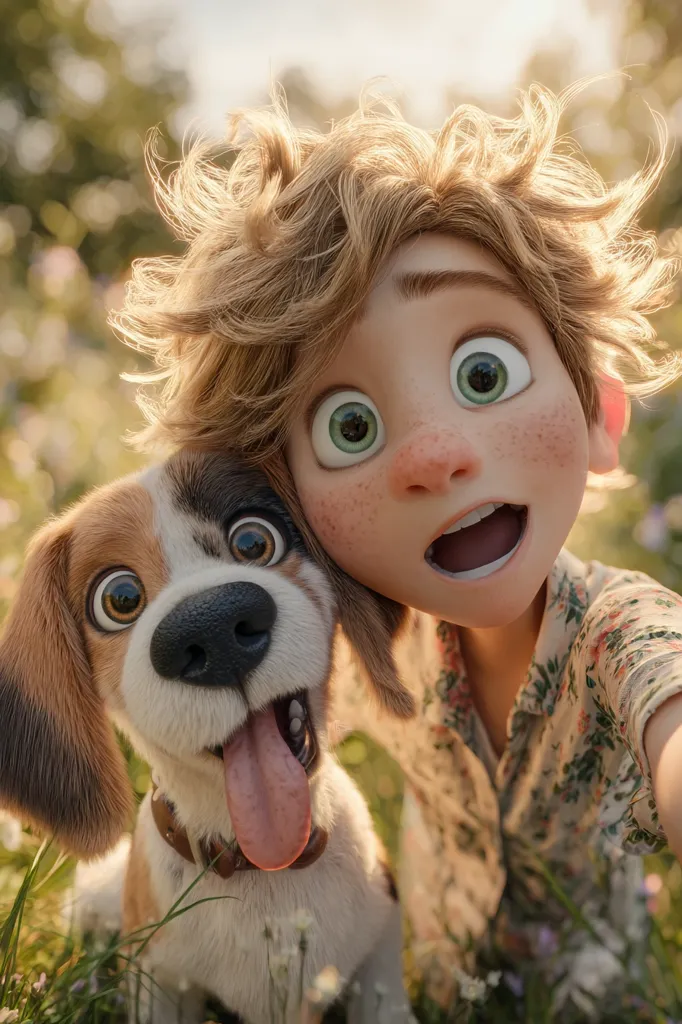 A cheerful, freckled boy with curly blonde hair takes a selfie with his adorable beagle.  The dog's tongue hangs out playfully.  Both are smiling broadly, creating a heartwarming image of friendship. The setting is a sunny meadow filled with wildflowers, enhancing the idyllic scene.  The style is 3D rendered animation, giving the characters a charming, expressive quality.