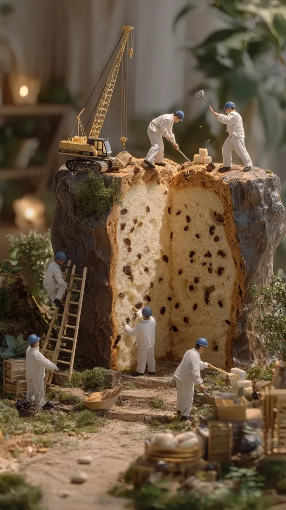 Miniature construction workers meticulously excavate a giant panettone.  A small crane assists in the process, as workers chip away at the baked good's chocolate exterior, revealing the raisin-studded interior.  Ladders and wheelbarrows are used in the detailed miniature scene, creating a whimsical juxtaposition of construction and confectionery.