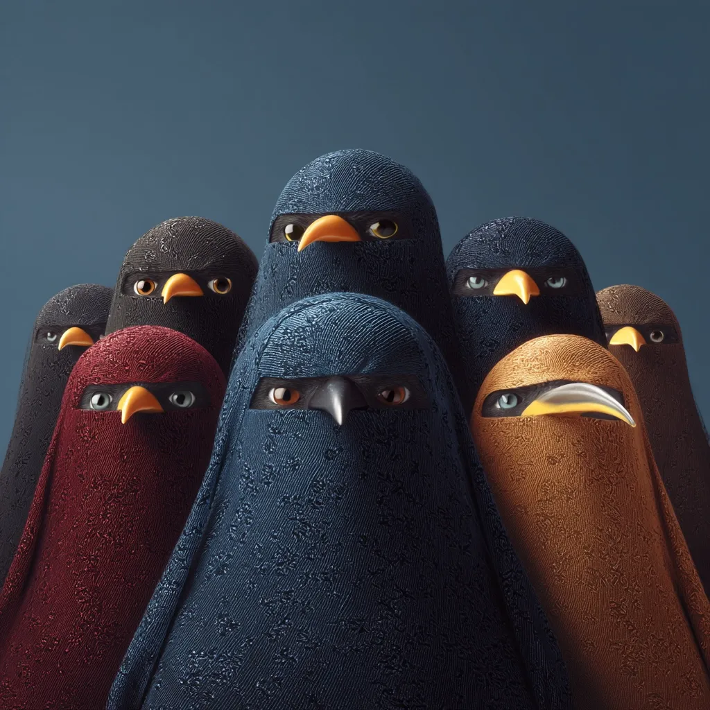 A group of stylized birds, each wearing a textured, hooded garment resembling a niqab, are arranged closely together.  The birds' faces, partially obscured by the fabric,  exhibit intense, forward-facing gazes.  The garments are in varying dark colors including deep blue, maroon, and brown, creating a cohesive yet diverse visual effect. The overall image is striking and slightly unsettling.