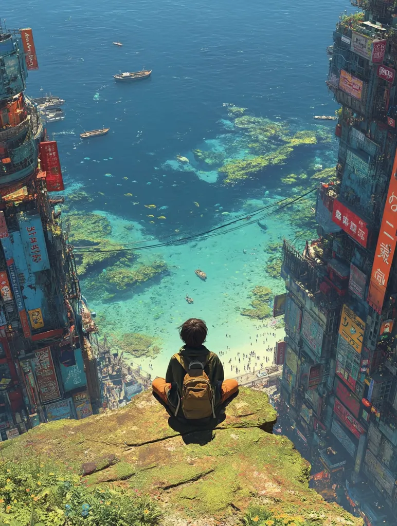 A person sits cross-legged on a cliff overlooking a vibrant coastal scene.  The turquoise water is teeming with fish, and a beach is crowded with people.  Towering vertical cities, covered in colorful signage in an Asian language, flank the cliff on either side, creating a surreal, futuristic cityscape juxtaposed with the natural beauty below.  Boats dot the ocean's surface. The overall mood is peaceful yet fantastical.