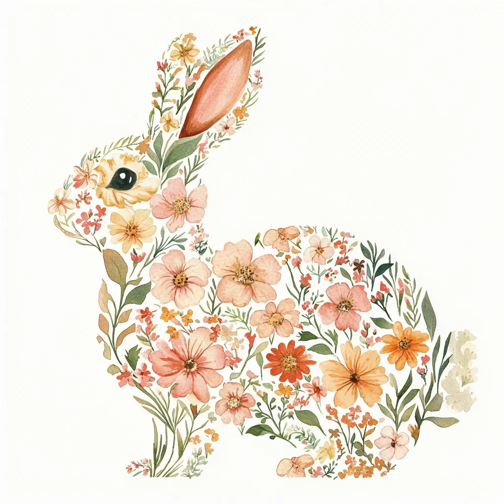 A watercolor illustration depicts a rabbit silhouette formed from a variety of delicate peach, orange, and yellow flowers.  The flowers are intricately arranged to create the shape of the rabbit, with varying shades and sizes adding depth and texture. Green leaves and stems fill the spaces between the blossoms, providing a natural frame for the floral bunny.  The overall style is soft, romantic, and spring-like.