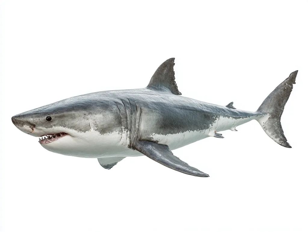 A great white shark, *Carcharodon carcharias*, is shown in profile view against a white background.  Its powerful body is depicted in detail, showcasing its characteristic gray coloring and sharp teeth. The shark's fins are extended, suggesting movement through water. The image is likely a digital rendering or a high-quality photograph.