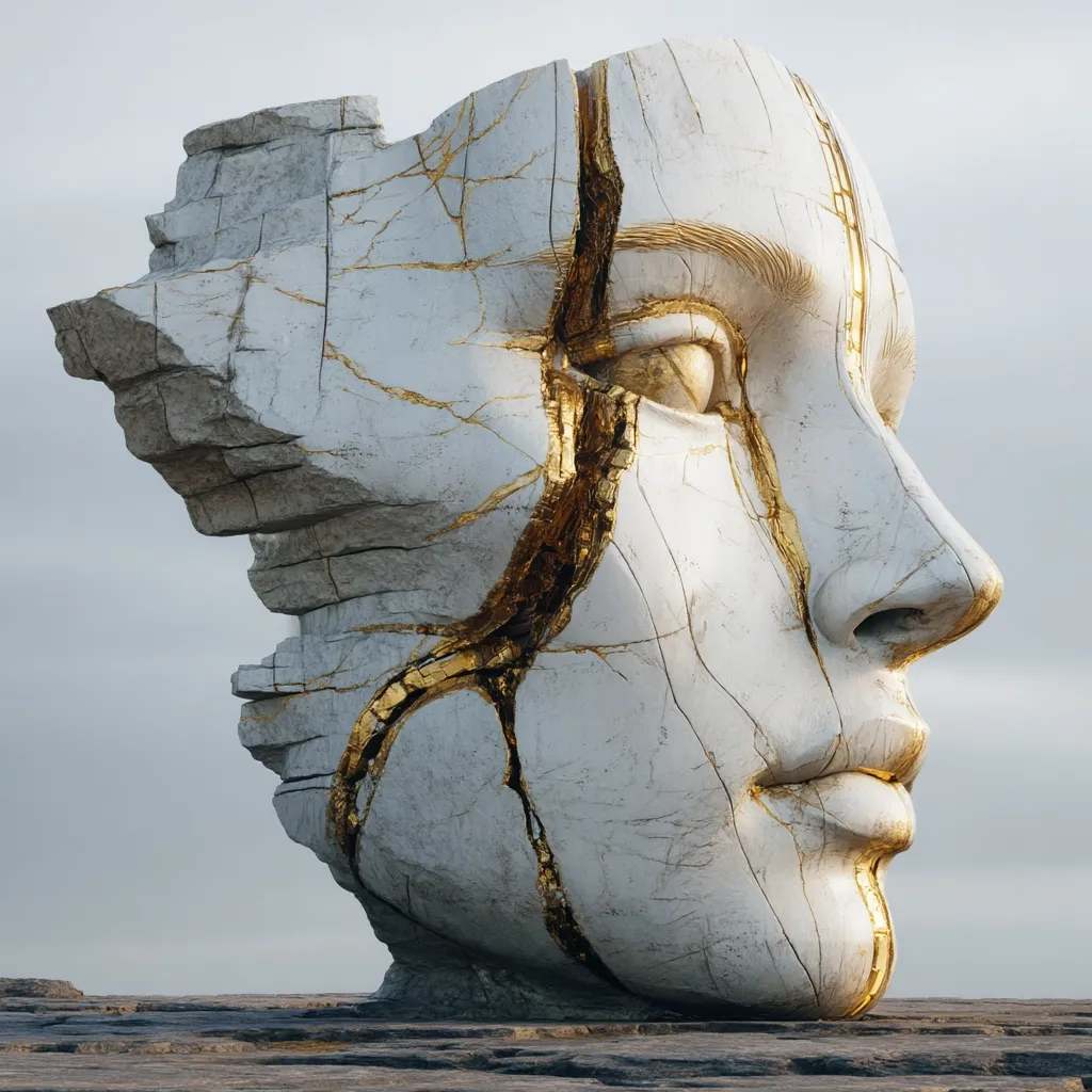 A large, white marble sculpture of a face is fractured, with gold leaf filling the cracks.  The fragmented pieces suggest a sense of vulnerability and resilience. The profile view showcases a serene expression, despite the visible damage. The statue rests on a dark, rocky surface against a muted sky, creating a dramatic and poignant image.