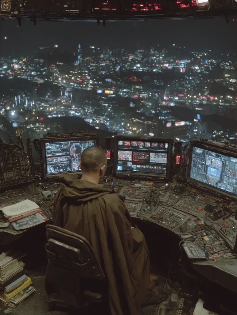 A person wearing a brown cloak sits at a complex control panel overlooking a sprawling nighttime city.  Multiple computer screens display various data streams. The scene is dark and futuristic, suggesting a high-tech observation post or command center.  The city lights below stretch to the horizon, creating a striking contrast to the interior's dimly lit technology.