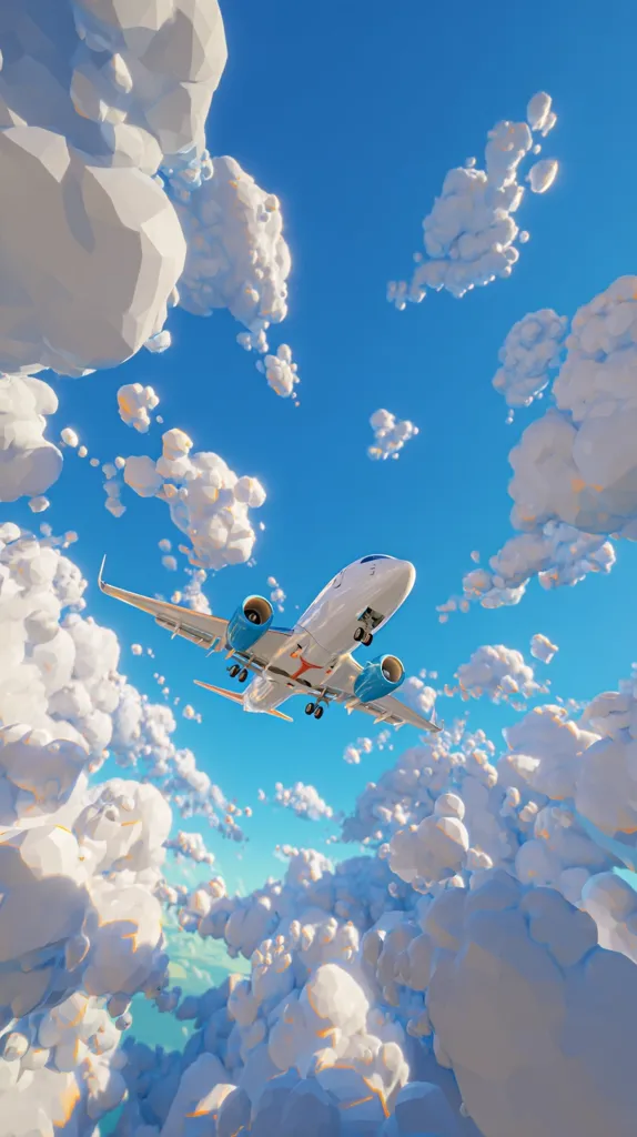 A passenger airplane soars through a vibrant blue sky filled with fluffy, stylized clouds. The clouds are depicted in a low-poly, almost cotton-candy-like style, contrasting with the realistic rendering of the aircraft. The scene is bright and airy, suggesting a peaceful and idyllic flight experience. The viewpoint is from below the plane, looking upward, emphasizing the vastness of the sky.