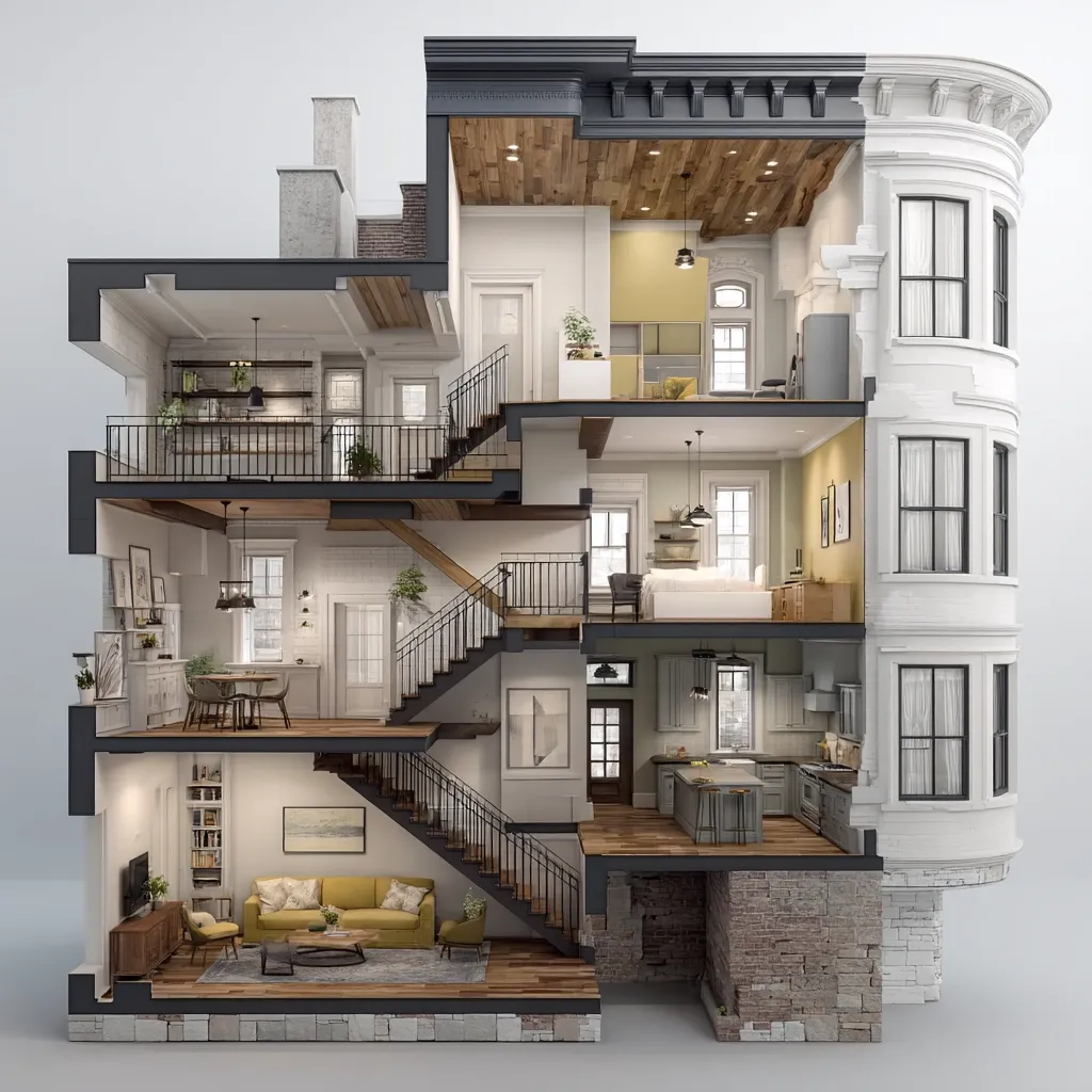 A cutaway 3D rendering reveals the interior design of a three-story townhouse.  The model showcases a modern, light-filled space with an open floor plan.  Each floor features distinct living areas, including a kitchen, dining area, living room, and bedrooms.  A central staircase connects the levels. The exterior is a classic white brick building with bay windows.  The interior design blends modern and traditional elements for a stylish and functional home.