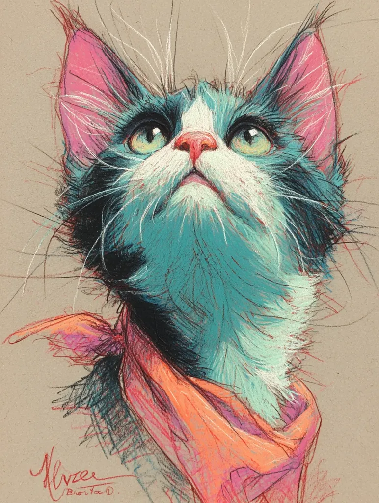 A stylized pastel drawing depicts a cat looking upward.  The cat's fur is rendered in teal and black, with pink inner ears and a peach-colored scarf around its neck.  Its large, expressive green eyes gaze towards the top of the frame.  The artist's signature is visible in the bottom left corner. The background is a muted beige.  The overall style is whimsical and expressive.