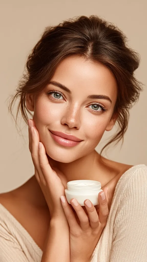 A young woman with radiant skin and a gentle smile holds a jar of cream.  Her hair is styled in a loose updo, complementing her natural beauty. She gazes directly at the camera, conveying a sense of calm and confidence. The image is soft and subtly lit, emphasizing the product and the model's flawless complexion. The overall aesthetic is clean and sophisticated.