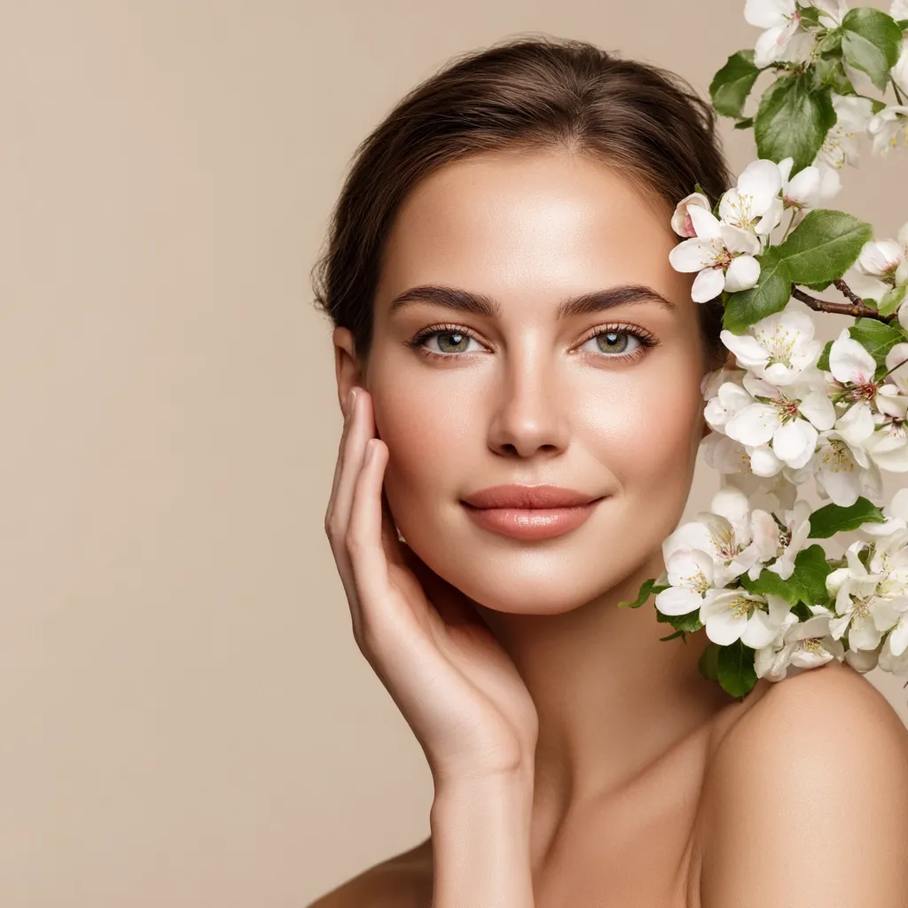 A close-up portrait of a young woman with flawless skin.  She has a gentle smile and her hand rests lightly on her cheek.  A branch of delicate white blossoms is positioned beside her face, creating a soft, natural beauty look. The overall aesthetic is clean, fresh, and radiant.