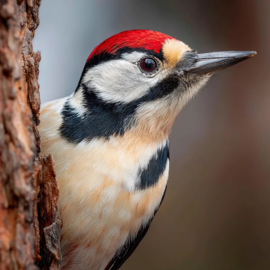 A detailed close-up captures a Great Spotted Woodpecker perched against a tree trunk. Its vibrant plumage is showcased: a striking red crown, black and white markings on its wings and back, and creamy beige underparts.  The woodpecker's sharp beak and dark, intelligent eye are clearly visible, highlighting its intricate details.  The blurred background emphasizes the bird's sharp focus.
