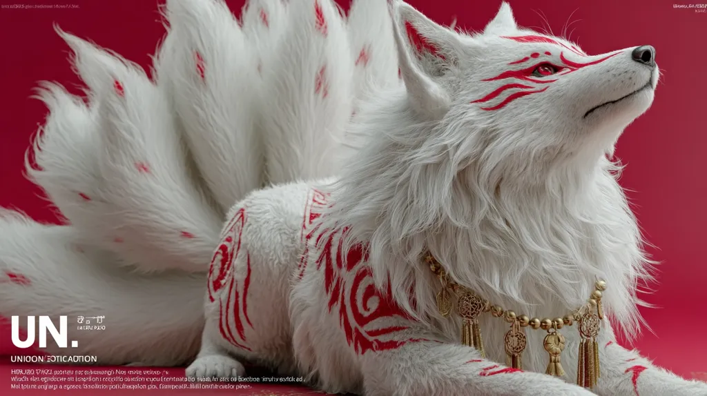 A majestic white nine-tailed fox, adorned with intricate red markings, rests against a crimson backdrop.  Its fur is luxuriously fluffy, and it wears an ornate gold collar. The fox gazes upward, its red eyes gleaming. The image is highly stylized, possibly digital art, showcasing detailed fur and vibrant colors.  A logo suggests a possible artistic collaboration or brand.