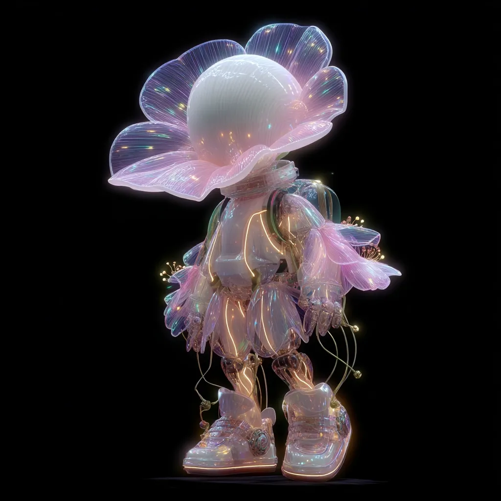 A translucent, robotic figure resembling a flower child is depicted.  Its head is a glowing orb, adorned with iridescent, petal-like structures.  The body is similarly translucent, with glowing lines suggesting internal mechanics, and it wears futuristic footwear.  Pink and white hues dominate the color palette, creating a whimsical yet technological aesthetic against a stark black background.  The overall impression is one of delicate strength and otherworldly beauty.