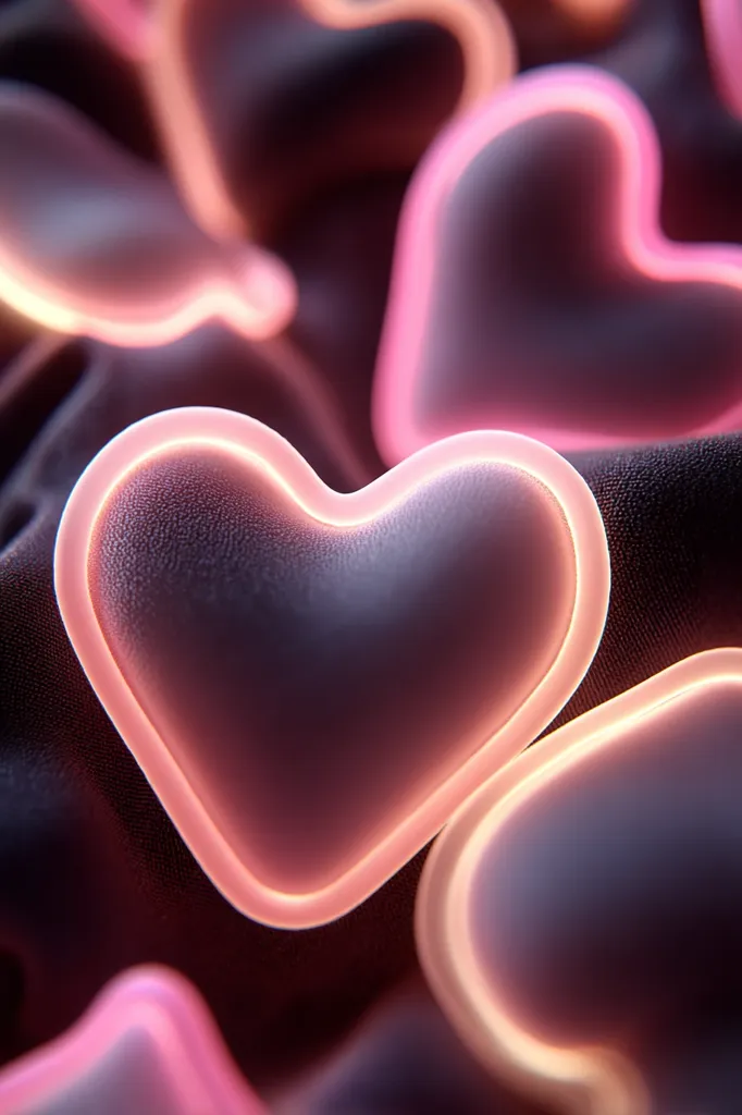 A close-up shot reveals numerous heart shapes, softly glowing with an inner, warm pink light.  The hearts are subtly textured and rest on a dark, fabric-like surface.  The focus is sharpest on a central heart, while others blur gently into the background, creating a dreamy, romantic atmosphere.  The overall effect is one of warmth and affection.