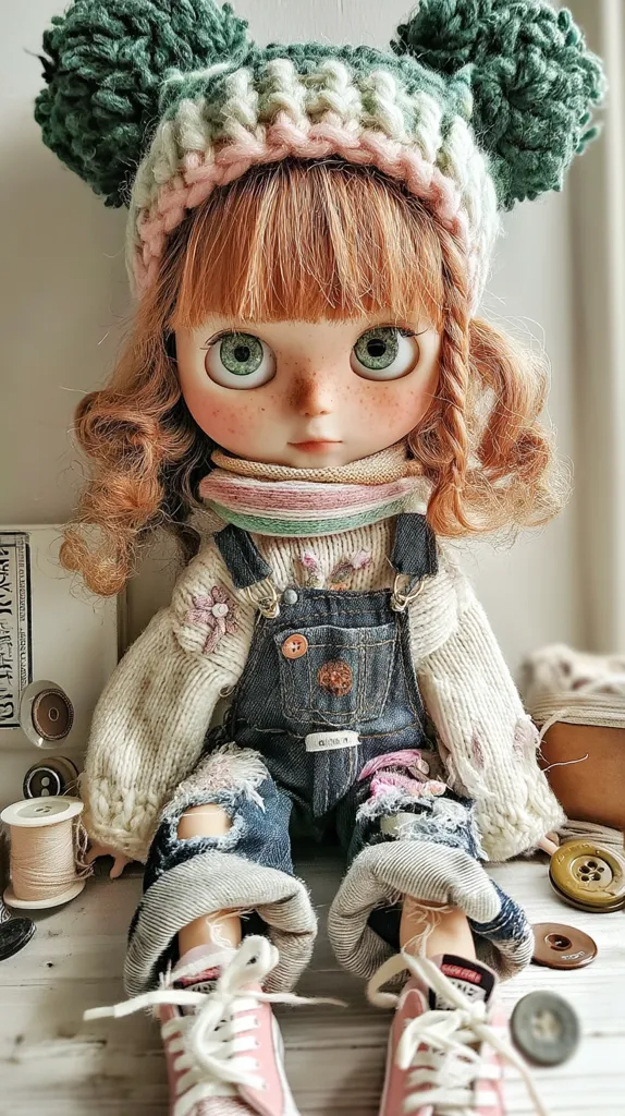 An adorable doll with rosy cheeks and bright green eyes sits amidst sewing supplies. She wears a chunky green and cream knit beanie, a cream sweater with embroidered flowers, distressed denim overalls, and pink sneakers.  Her curly auburn hair peeks out from under the hat, adding to her charming appearance. The scene evokes a cozy, handmade aesthetic.