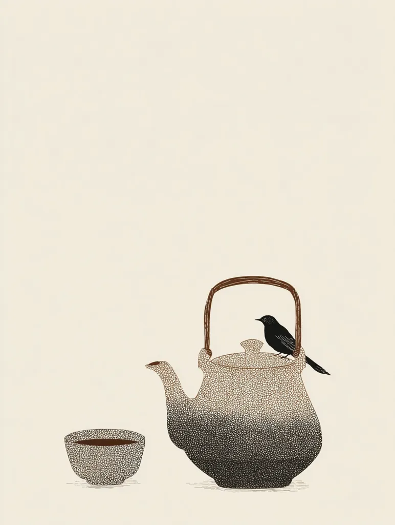 A minimalist illustration depicts a speckled teapot with a small black bird perched on its lid.  Beside it sits a matching speckled teacup, partially filled with a dark liquid. The background is a muted beige, creating a serene and calming scene.  The style is simple, focusing on clean lines and subtle shading.