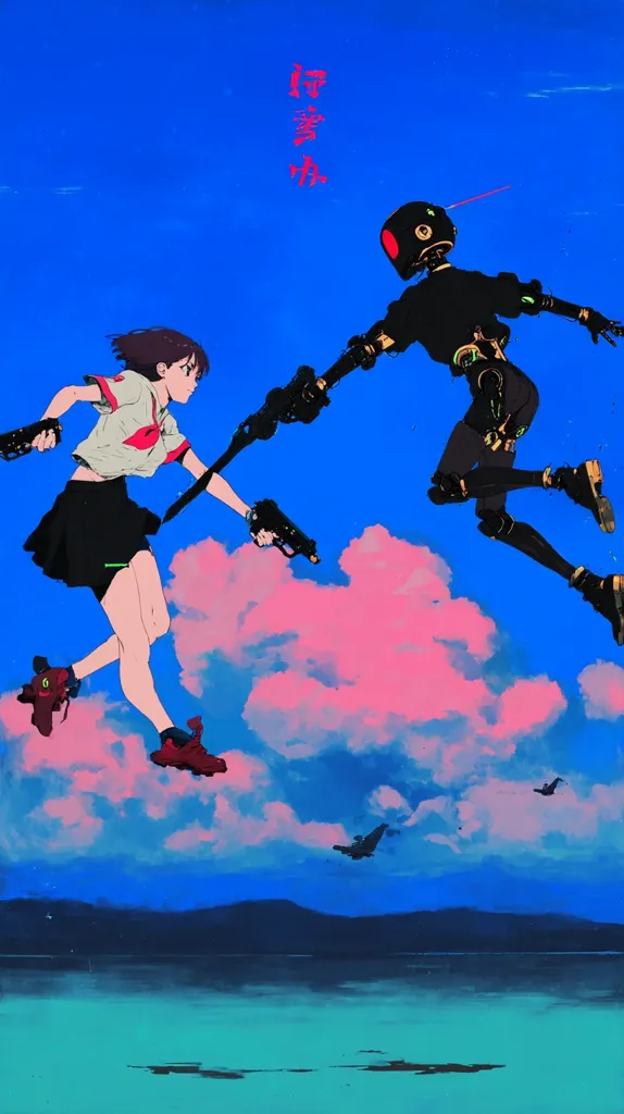 A vibrant anime-style artwork depicts a girl and a robot soaring through a surreal sky.  The girl, in a school uniform, holds a gun, mirroring the robot's pose.  Pink clouds drift below them against a deep blue backdrop, with a tranquil body of water and distant mountains at the horizon.  The overall aesthetic is stylized and dreamlike, with bold color choices and dynamic movement.  Japanese characters are visible in the upper center.
