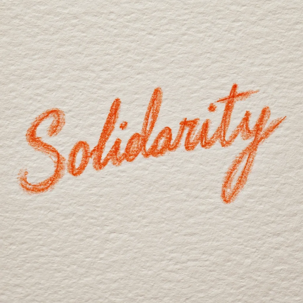 The word "Solidarity" is written in orange crayon on textured off-white paper. The cursive script is slightly slanted, giving it a dynamic feel.  The crayon strokes are visible, adding a handmade quality. The background's texture contrasts subtly with the smooth, slightly uneven lines of the lettering.