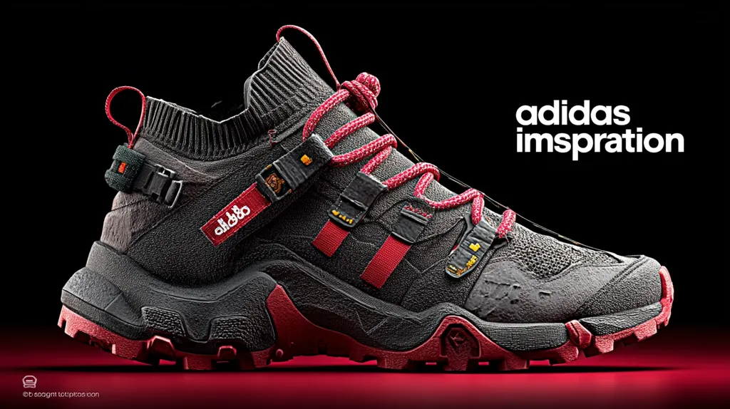 A high-angle, close-up shot showcases a meticulously detailed, dark gray hiking boot with crimson accents.  The boot features a sock-like upper, red laces, and robust tread.  The Adidas logo is subtly incorporated into the design, signifying design inspiration.  The backdrop is a stark black, highlighting the boot's textures and color palette.