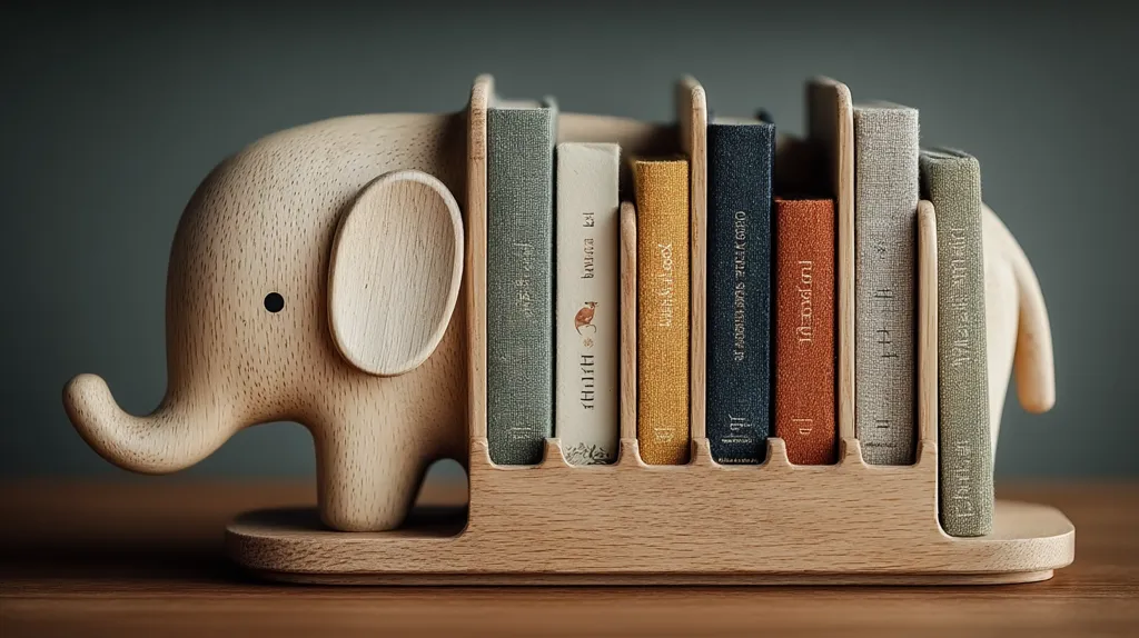 A wooden elephant-shaped bookend holds a collection of books.  The bookend is light brown, crafted from what appears to be a light-colored wood, with a smooth finish. The books are various shades of muted colors, with titles partially visible, suggesting a curated collection. The scene is minimalist and aesthetically pleasing, with a neutral background enhancing the bookend's design.