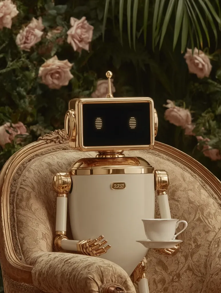 A gold and off-white robot sits in an ornate armchair amidst a lush garden backdrop of roses and greenery.  The robot holds a delicate teacup and saucer, presenting a refined and whimsical juxtaposition of technology and nature. Its design is sleek and elegant, with gold accents highlighting its smooth curves.  The overall scene is serene and aesthetically pleasing.