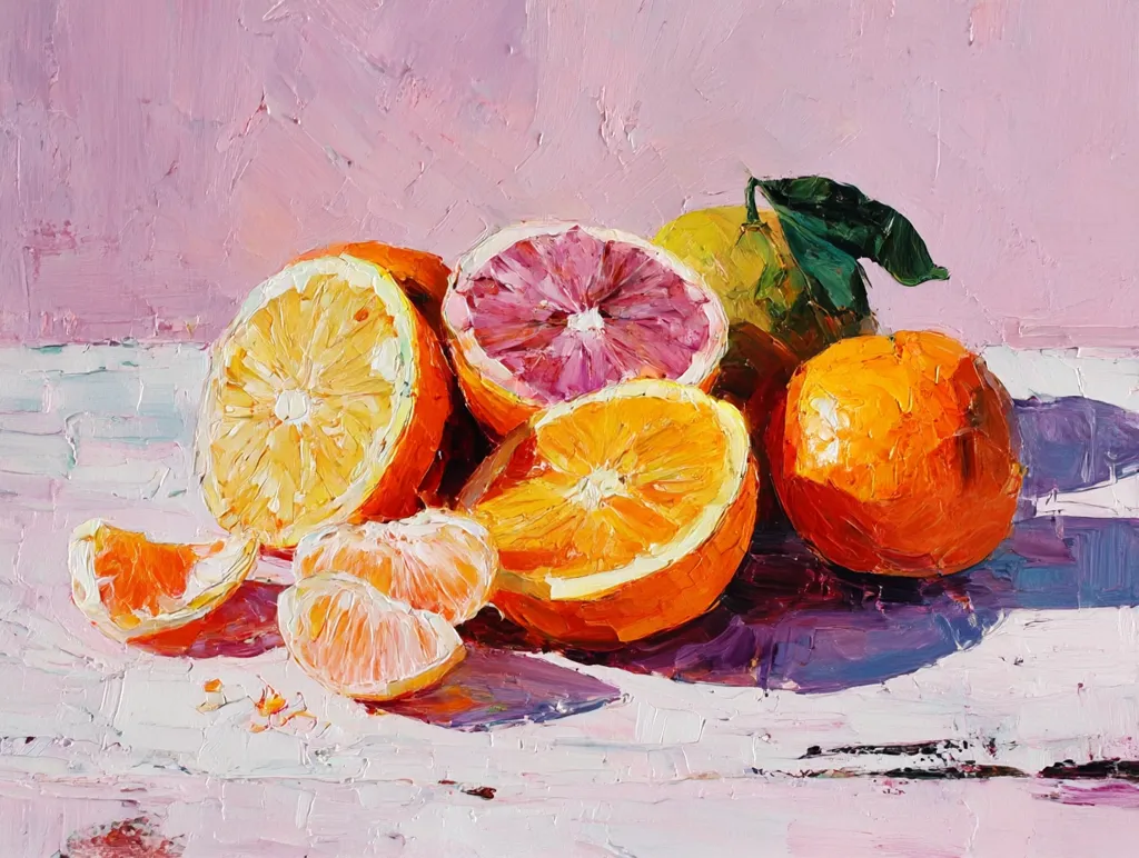 A vibrant still life oil painting depicts a collection of citrus fruits on a pale pink surface.  Halved oranges and a grapefruit, their segments juicy and brightly colored, are arranged alongside a whole orange and mandarin orange segments.  A hint of a lime is visible behind the grapefruit.  The impasto style adds texture and luminosity to the scene, which is bathed in sunlight.