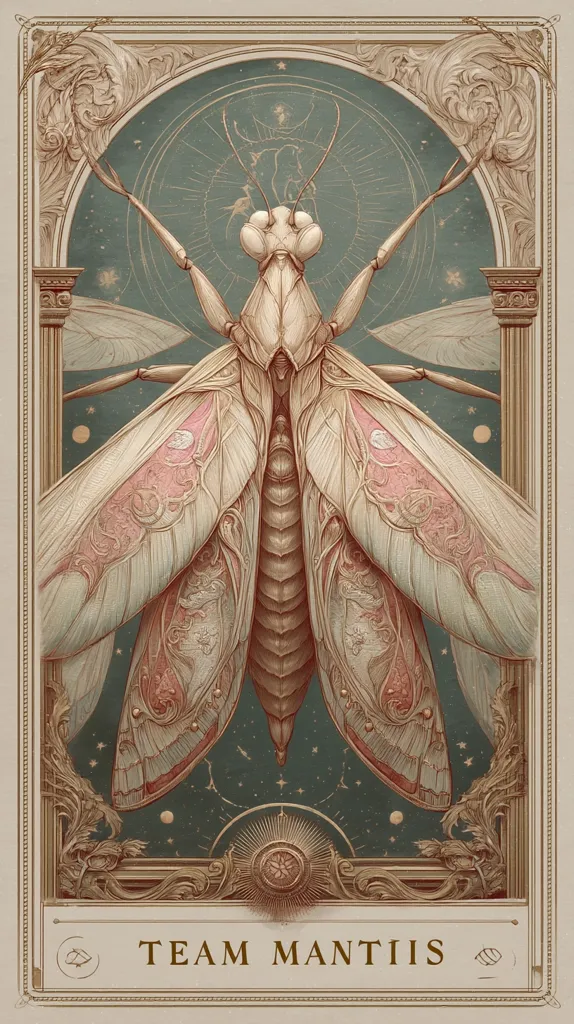 An ornate, art deco-style illustration features a large praying mantis.  The mantis is central, detailed with intricate, almost anatomical, linework and pastel pink accents on its wings. It's set against a teal background speckled with stars and celestial elements, framed by a gilded, classical-inspired border. The text "TEAM MANTIS" is displayed at the bottom. The image evokes a sense of fantasy and elegance.