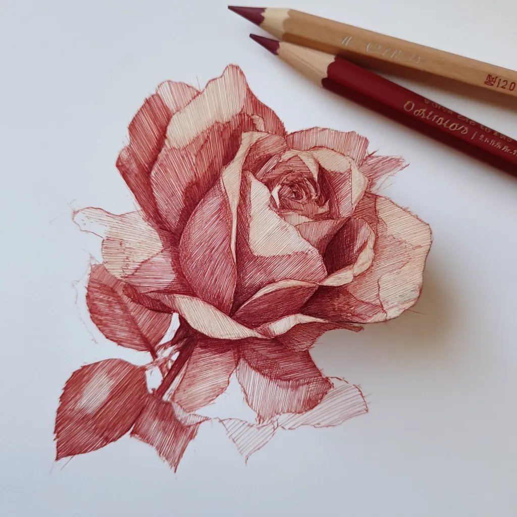A meticulously detailed drawing of a rose dominates the image.  Rendered in varying shades of deep red using fine lines, the artwork showcases the rose's intricate petals and leaves.  Two colored pencils, one light brown and one deep red, rest casually on the paper beside the drawing, hinting at the artist's tools. The overall effect is one of delicate beauty and precision.