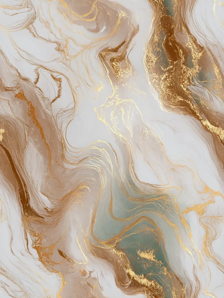 An abstract image showcases a fluid, swirling blend of beige, taupe, sage green, and gold.  The colors intermingle in a marble-like effect, creating a luxurious and elegant texture.  Thin gold lines accentuate the flowing patterns, adding a touch of shimmer and sophistication. The overall impression is one of fluidity, movement, and opulent beauty.
