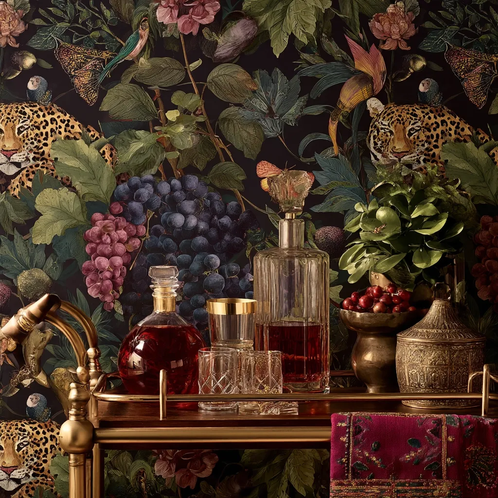 A bar cart sits before a dramatic wallpaper depicting lush jungle foliage, exotic birds, and two majestic leopards.  On the cart, decanters of dark liquor, crystal glasses, and ornate brass containers are arranged.  Bunches of grapes and other fruits are featured prominently in the wallpaper design, creating a rich, opulent scene.  The overall aesthetic is luxurious and evocative of a tropical setting.