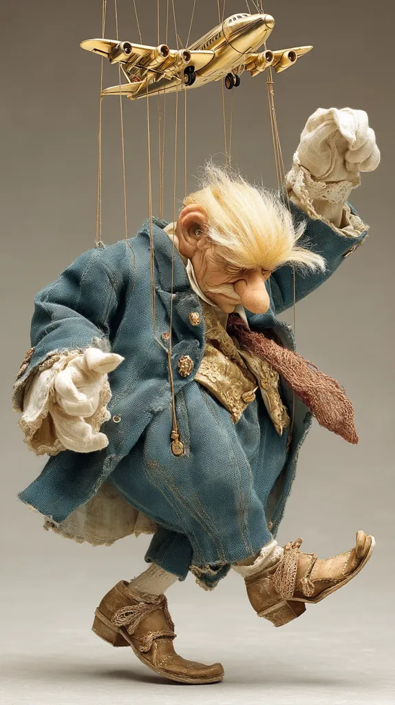 A meticulously crafted marionette, resembling a caricature of an older man with blond hair, is depicted mid-stride.  He's dressed in a faded blue coat and breeches, accented with lace and worn leather shoes.  Above him, a miniature gold airplane dangles from the same strings, suggesting manipulation and control. The overall effect is whimsical yet subtly unsettling.