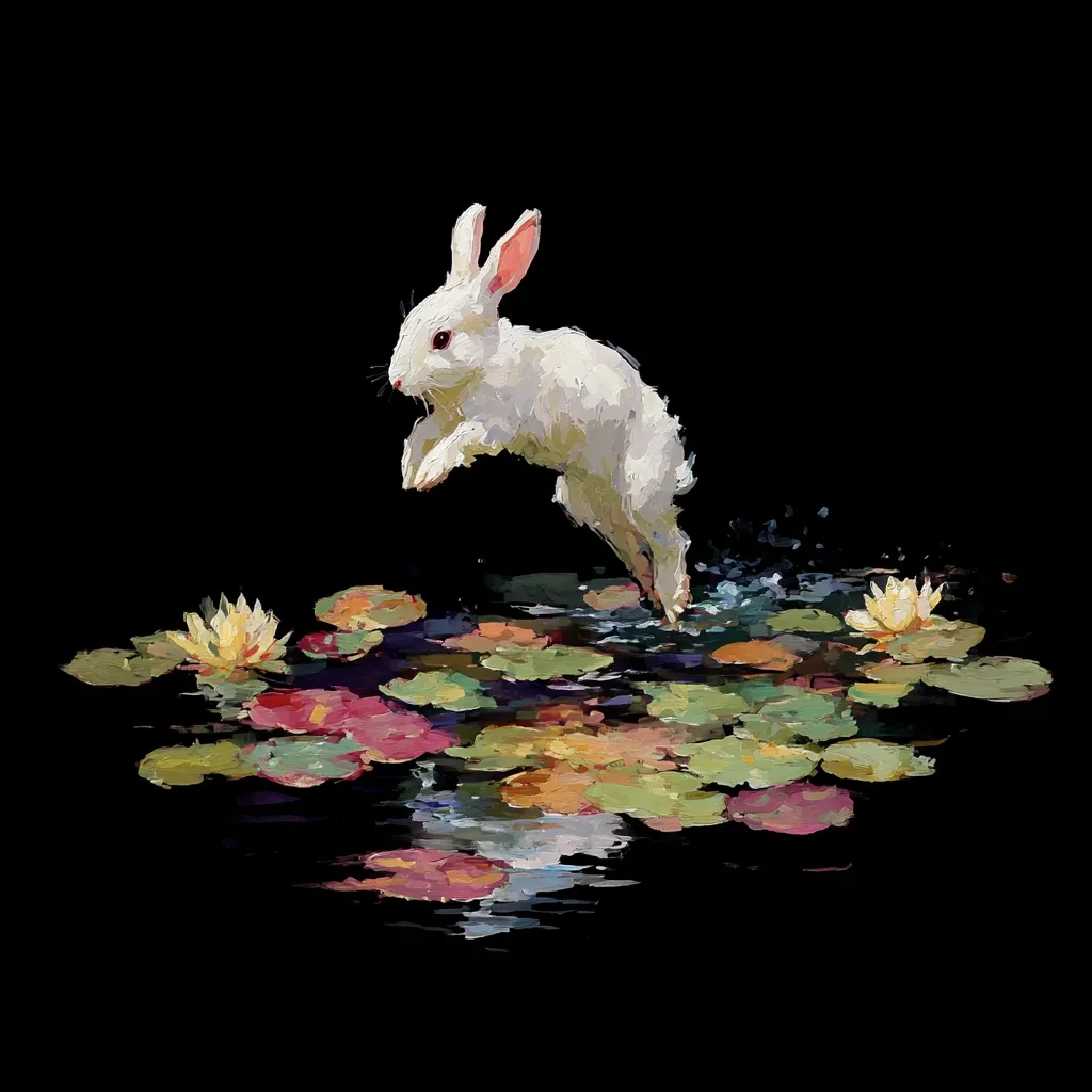A white rabbit leaps across a serene pond, its paws just above the water's surface.  Colorful lily pads and blossoms float on the dark water, their reflections mirrored below. The scene is rendered in a painterly style, with visible brushstrokes creating a textured and vibrant image against a black background. The contrast between the white rabbit and the dark water is striking.