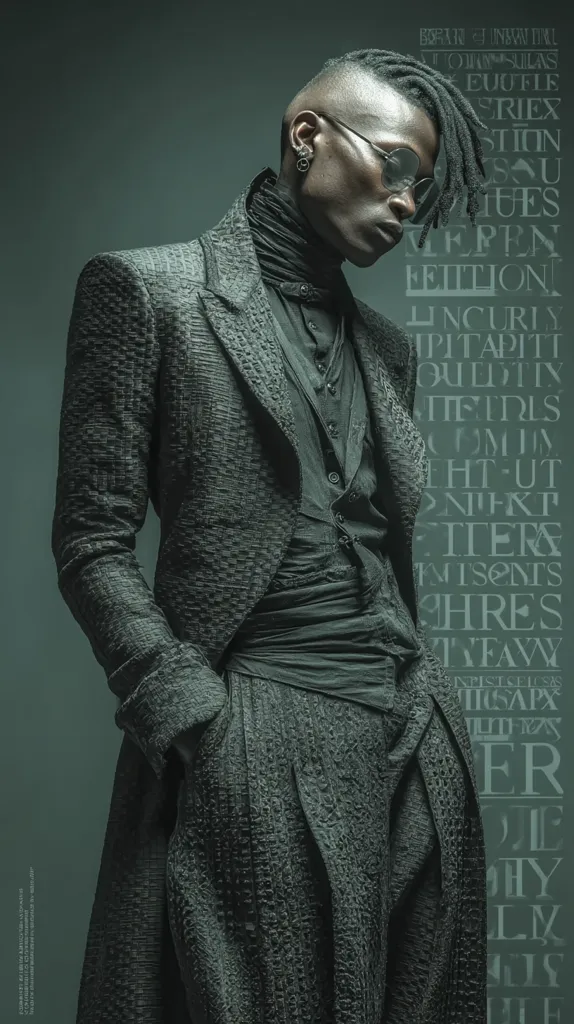 A fashion photograph showcases a dark-skinned male model with dreadlocks, wearing a textured, dark gray suit. The suit features a structured jacket and pleated trousers, creating a sharp silhouette. The model's pose is slightly hunched, adding to the moody atmosphere.  A background of vertically stacked, illegible text adds a layer of visual complexity.  The overall aesthetic is dark, sophisticated, and fashion-forward.