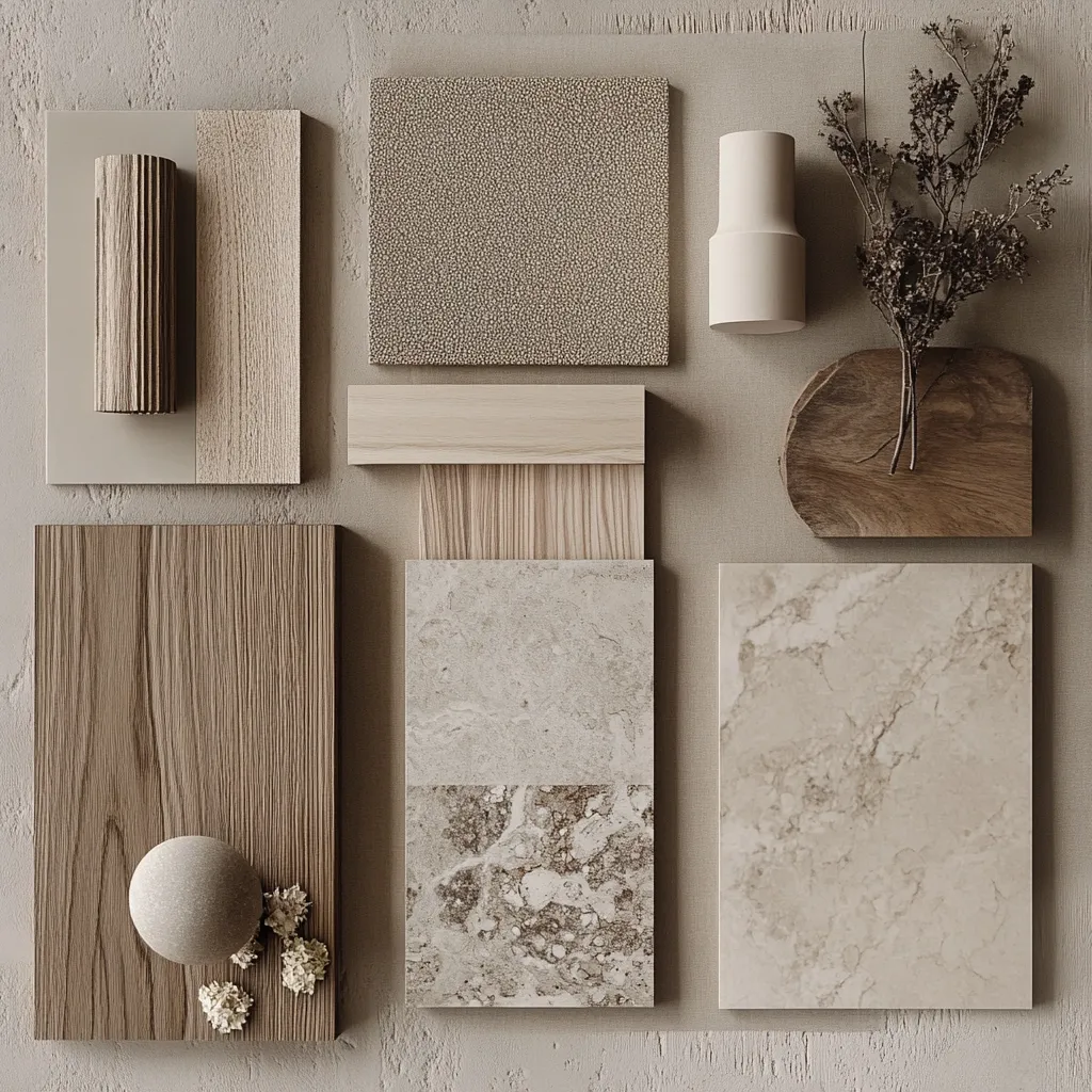 A flat lay showcasing a curated collection of earthy-toned materials.  Samples of wood, stone, and textured fabrics are arranged alongside a small vase of dried flowers and a stone sphere.  The neutral palette and natural textures create a calming and sophisticated mood board, ideal for interior design inspiration.  The arrangement emphasizes the subtle variations in tone and grain within each material.