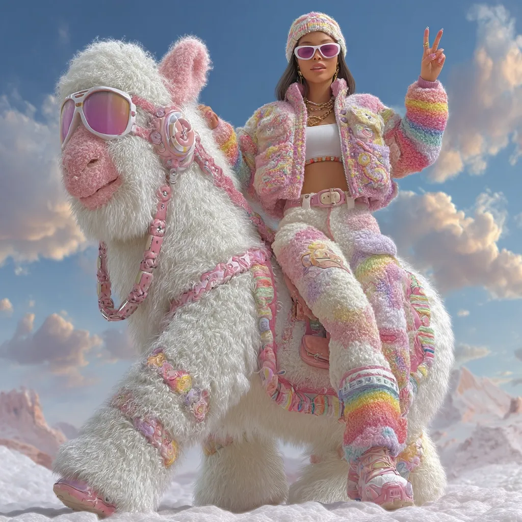 A woman in a pastel rainbow knit outfit and sunglasses sits atop a large, fluffy, pink and white llama-like creature.  The scene is set against a dreamy, cloudy sky and snowy mountains.  The llama is adorned with pink and white embellishments, matching the woman's attire.  She holds up a peace sign, adding to the whimsical and playful atmosphere.